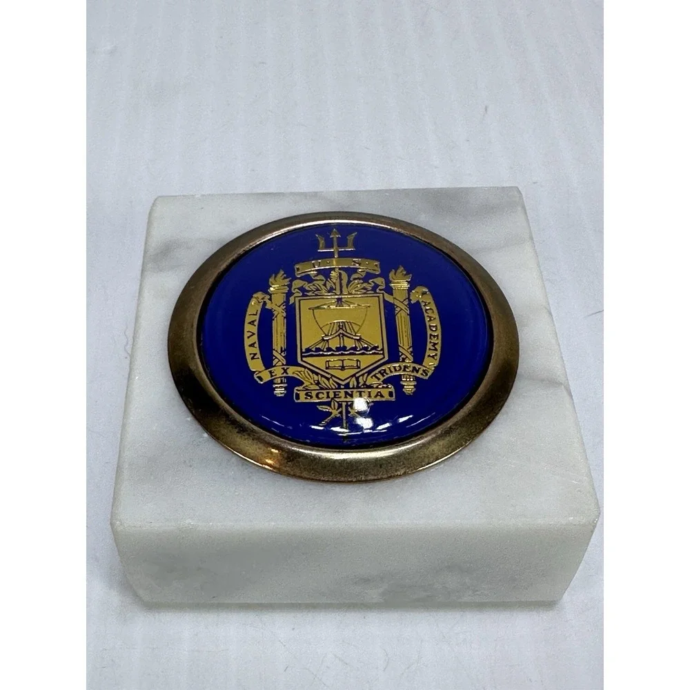 Vintage US Naval Academy Italian White Marble Paperweight Military